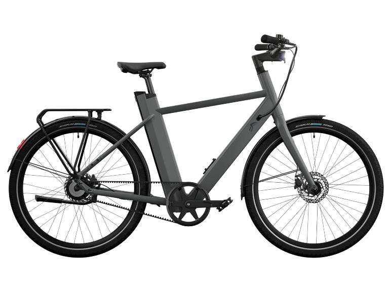 Zijaanzicht van de Crivit e-bike met Gates-riem van trapas naar achterwiel