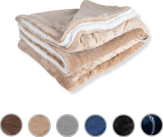 DecoSence fleece deken ecru beige extra dik plaid voor op de bank