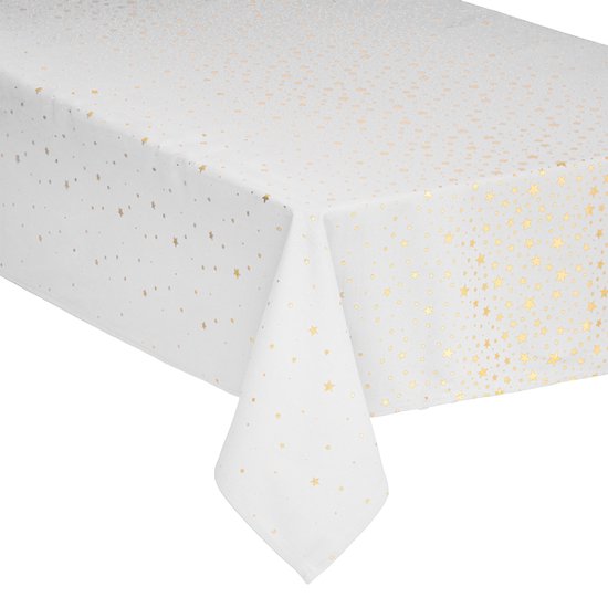 DELUXE XXL kersttafelkleed katoen wit met gouden sterren 140x360 cm