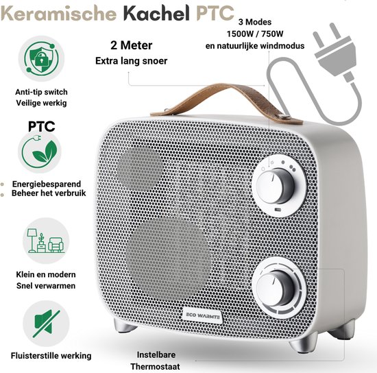 Eco Warmte premium elektrische kachel 1500W met thermostaat compact