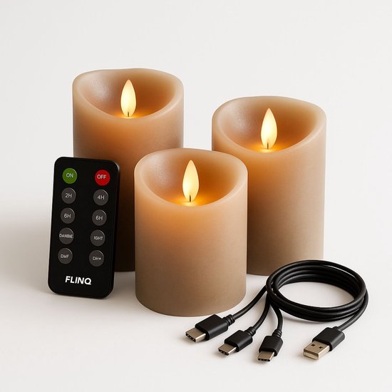 FlinQ oplaadbare led kaarsen met bewegende vlam en afstandsbediening set van 3