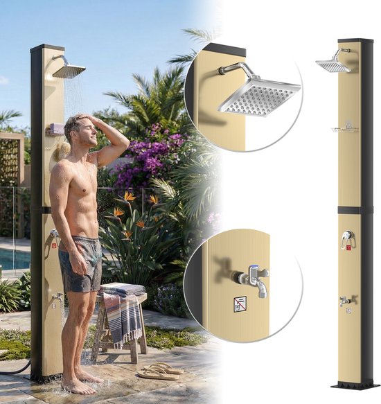 Froadp buitendouche solar 40 liter goud-zwart met draaibare douchekop en voetdoucher