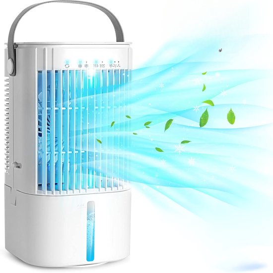 Compacte mobiele airco zonder afvoer wit met wielen 7 kleuren LED 4-in-1 timer