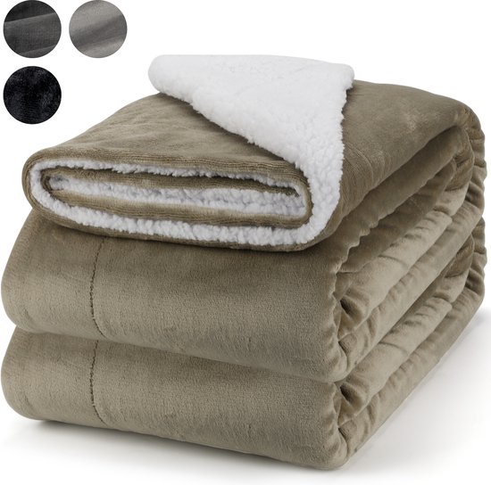 Pazzo Goods fleece plaid XXL khaki grote fleecedeken 170x220 cm