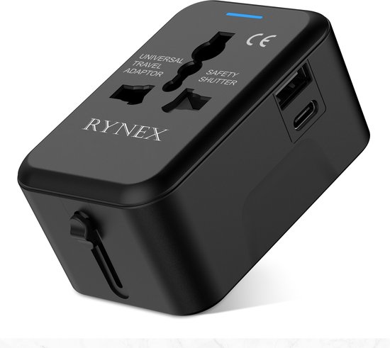 Rynex universele wereldstekker USB-C USB 150 landen budget zwart