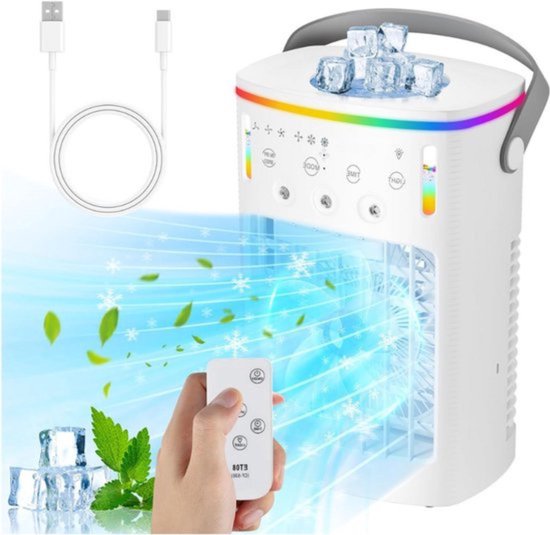 Thuys 4-in-1 mobiele airco zonder slang wit USB-C 1000 ml watertank LED-nachtlamp