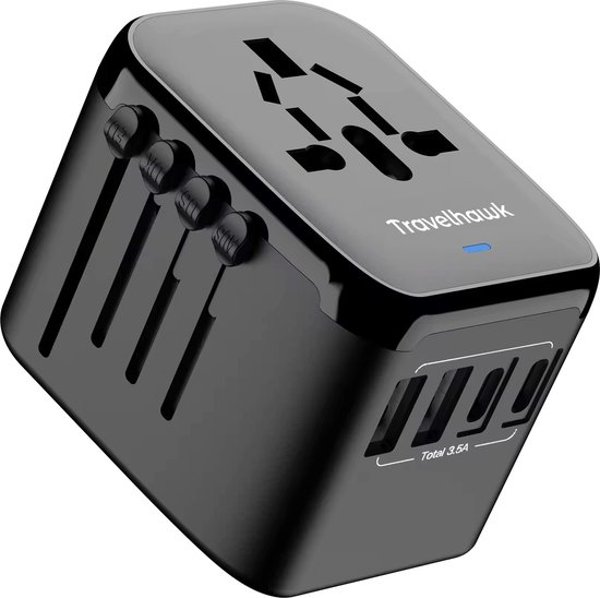 Travelhawk universele wereldstekker 2 USB-C 2 USB 150 landen zwart