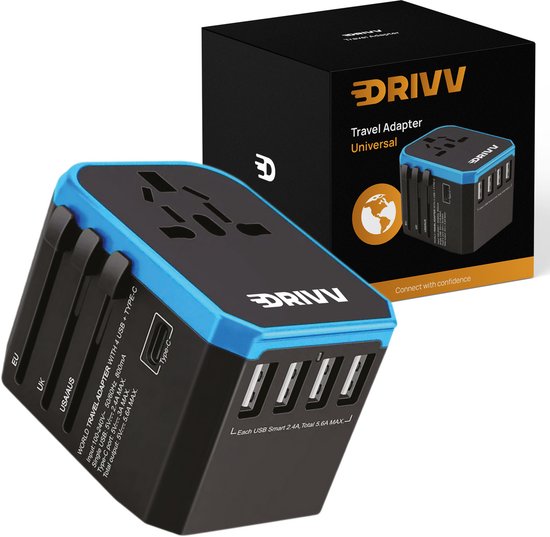 Universele wereldstekker 4 USB 1 USB-C fast charge 150 landen zwart
