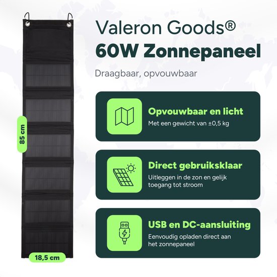 Valeron Goods 60W draagbaar opvouwbaar zonnepaneel met USB en DC output