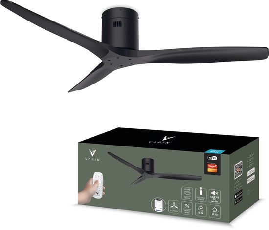 Varin smart plafondventilator 132 cm zwart met wifi en LED-verlichting super stil