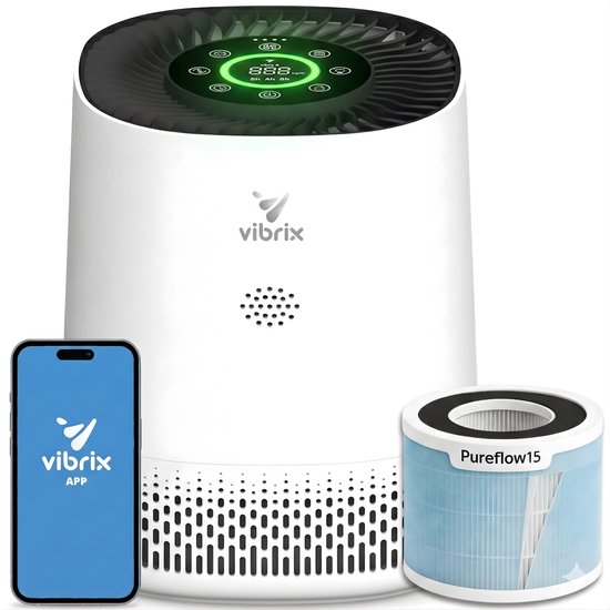 Vibrix PureFlow15 luchtreiniger. HEPA filter en ionisator voor 15 m² kamers